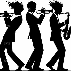 May include: A black silhouette graphic featuring three musicians in suits playing instruments. The left figure plays a trumpet, the center figure plays a trumpet, and the right figure plays a saxophone. The word SVG is repeated across the image.