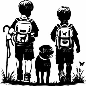 Jungen Wandern mit Hund SVG 4 Schnittdatei - Silhouette von Kindern und Haustier auf einem Naturabenteuer - Outdoor Exploration Design