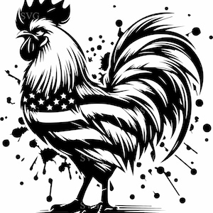 Può includere: Illustrazione in bianco e nero di un gallo con un design di bandiera americana sul petto. Il gallo è in piedi su uno sfondo bianco con schizzi neri.