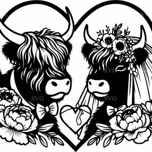 Bruiloft Highland Cow SVG 3 gesneden bestand, bruid en bruidegom koeien in hartlijst, rustieke bruiloft ambachtelijke ontwerp