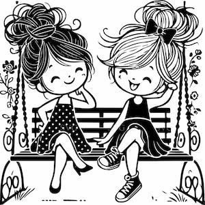 Mädchen auf Schaukel SVG 4 Schnittdatei, wunderliche Freundschaft Clipart, niedliche Spielzeit Silhouette digitaler Download für Cricut & Vinyl