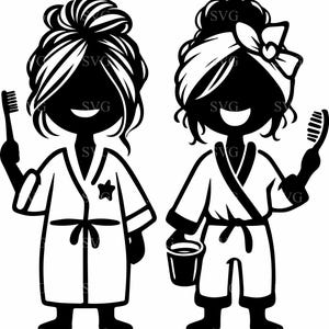 7 fichiers coupés SVG filles chignon désordonné, pyjama drôle des cliparts Routine matinale, brossage des cheveux et des dents vecteur pour l'artisanat Cricut