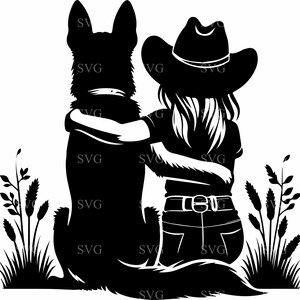 カウガールと犬の SVG、4 つの西部の少女と子犬のシルエット、農場生活のクリップアート、牧場のベスト フレンズのデジタル カット ファイル