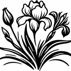 May include: Black and white silhouette of a bouquet of iris flowers with long, slender leaves.
