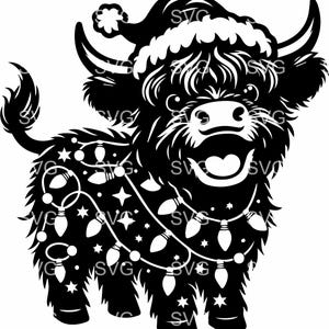 Weihnachten Highland Kuh SVG, 8 Festliche Highland Kuh mit Lichtern Cut File, Weihnachtsmütze Kuh Clipart für Cricut