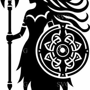 May include: Black and white silhouette of a female warrior holding a spear and shield. The shield has a circular design with a central circle and radiating lines.