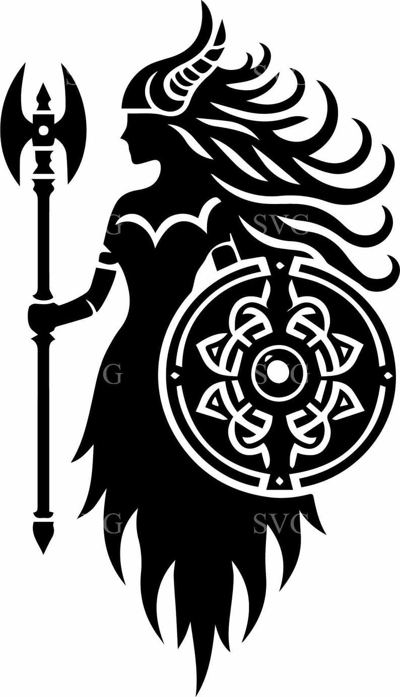 May include: Black and white silhouette of a female warrior holding a spear and shield. The shield has a circular design with a central circle and radiating lines.