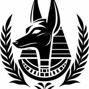 May include: A black and white graphic of Anubis, the Egyptian god of the afterlife, depicted in profile. The image features Anubis's jackal head, a traditional headdress, and a decorative collar, all within a laurel wreath.