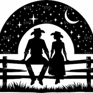 Cowboy Paar SVG, 4 Western Romance Silhouette Schnittdatei, Landliebe auf Zaun Clipart, digitaler Download