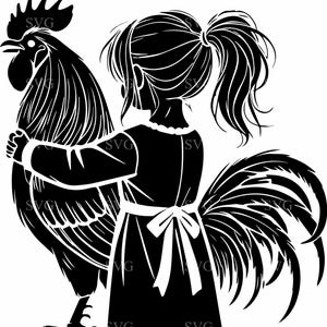 4 fille avec le coq Silhouette coupe fichier SVG 4 - conception rustique de la vie à la ferme - art numérique des animaux de la ferme réconfortant