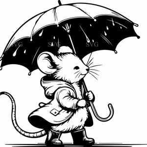 May include: A black and white illustration of a mouse wearing a raincoat and holding an umbrella. The mouse is walking to the right.