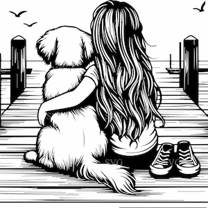 Meisje en hond SVG, 4 vriendschap silhouet gesneden bestand, hartverwarmende huisdierliefhebber clipart, Best Friends on Dock vectorkunst