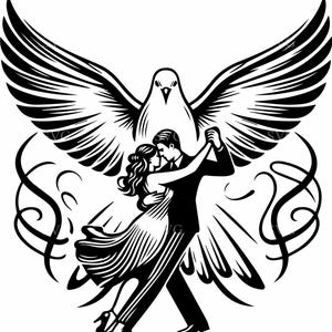 Puede incluir: Ilustración en blanco y negro de una pareja bailando tango, con una paloma con las alas extendidas en el fondo. Los bailarines visten de etiqueta, y el vestido de la mujer es fluido. Remolinos decorativos enmarcan a los bailarines.