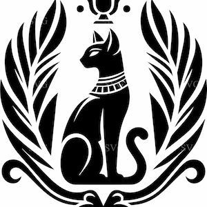 May include: A black and white graphic of an Egyptian cat goddess, Bastet, in a seated pose. The cat is adorned with a collar and a crown. The image is framed by stylized leaves and decorative elements, creating a symmetrical design.
