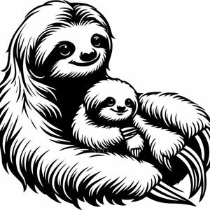 May include: Black and white illustration of a mother sloth and baby sloth. The mother sloth is large and furry, cradling a smaller baby sloth. Both sloths have smiling faces and large eyes.