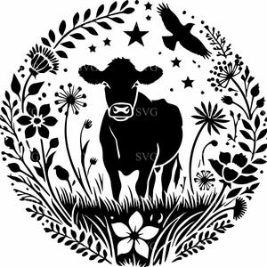 Kuh und Wildblumen SVG - 3 rustikale Farm Silhouette Design - Natur inspirierte Kunst für Cricut Projekte