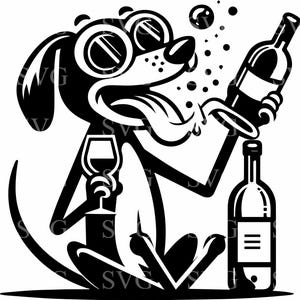 Könnte beinhalten: Eine Schwarzweiß-Cartoon-Illustration eines Hundes, der eine Brille trägt und Wein aus einer Flasche trinkt. Der Hund sitzt auf einem weißen Hintergrund.