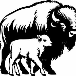 May include: A black and white illustration of a bison with a calf standing next to it. The bison is larger than the calf and has a shaggy coat. The calf is smaller and has a smooth coat.