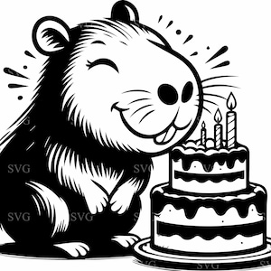 Capybara anniversaire SVG 4 fichier coupé - Capybara souriant avec des cliparts de gâteau d'anniversaire - conception d'anniversaire animal mignon