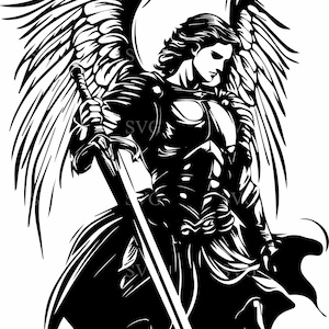 Aartsengel SVG 6 gesneden bestand, krijger engel met zwaard vectorkunst, krachtige engel silhouet clipart