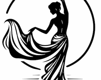 May include: A black silhouette of a dancer in a flowing gown, arms gracefully extended. The dancer is positioned in front of a large circle, with lines suggesting a stage or floor below. The image evokes themes of dance and performance.