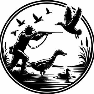 Entenjagd SVG, 4 Jäger mit Gewehr Schnittdatei, Wasservögel Jagdszene, Outdoor Sportler Digital Clipart für Cricut