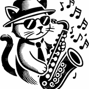 Fichier de coupe 5 Jazz Cat SVG, Cool saxophone jouant des cliparts Kitty, téléchargement numérique amateur de musique pour Cricut & Silhouette