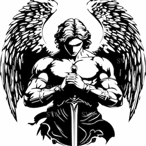 6 Sword angel SVG – Warrior angel cut file – Powerful male guardian with wings for Christian crafts, shirts, wall art, or decals