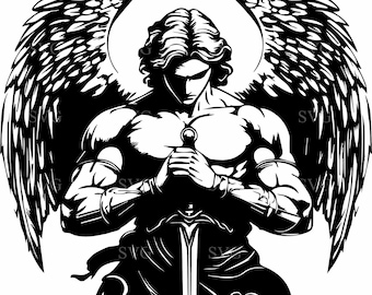 6 Sword angel SVG – Warrior angel cut file – Powerful male guardian with wings for Christian crafts, shirts, wall art, or decals