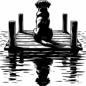 May include: A black silhouette of a dog sitting on a wooden jetty over a body of water. The dog is looking out at the water.