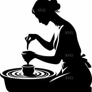 May include: A black silhouette graphic depicting a person shaping a small clay pot on a pottery wheel. The design features the text SVG repeated multiple times across the image. The figure is shown in profile, leaning over the spinning wheel.