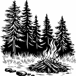 4 file SVG di falò nella foresta, pini e scena di falò, clipart di campeggio nella natura selvaggia per Cricut e artigianato laser
