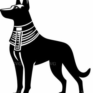 May include: A black and white graphic of a dog in a standing pose, with a detailed collar. The dog has pointed ears and a long tail. The design is a stylized representation, likely for a logo or emblem.