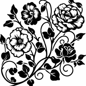 Archivo SVG de corte de ramo de 7 rosas, elegante clipart floral con remolinos, diseño de silueta de flor para Cricut y corte láser