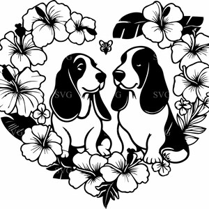 Fichier de coupe floral chien couple SVG 4, couple de bassets Hound romantique dans un cadre en forme de coeur, parfait pour les travaux manuels sur le thème du mariage