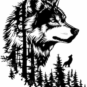 May include: Black and white silhouette of a wolf's head with a forest of trees behind it. A smaller wolf silhouette is howling at the moon in the background.