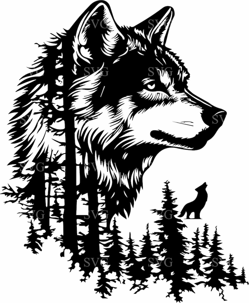 May include: Black and white silhouette of a wolf's head with a forest of trees behind it. A smaller wolf silhouette is howling at the moon in the background.