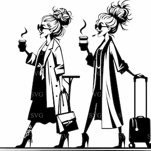 7 mulheres modernas tomando café SVG, arquivo de corte de duas mulheres elegantes tomando café, silhueta de garota chique conversando para projetos Cricut e Laser