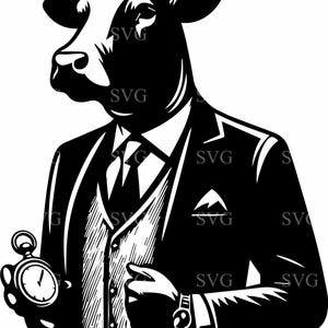 Può includere: Un'illustrazione in bianco e nero di un toro che indossa un abito e tiene un orologio da tasca. Il toro indossa una cravatta e un gilet. Il toro guarda a destra.