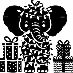 May include: A black and white illustration of an elephant decorated with Christmas lights. The elephant is surrounded by wrapped gift boxes, creating a festive holiday theme. The image is suitable for holiday cards or decorations.