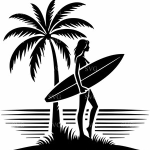 サーファー シルエット SVG 7 カット ファイル - サーフボードとヤシの木を持つ男性とビーチの風景 - Cricut 用オーシャン スポーツ デザイン