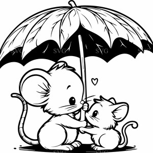 Adorables ratones SVG 4 Archivo de corte / Ratones con paraguas de hojas bajo la lluvia / Lindo animal SVG para Cricut y Silhouette