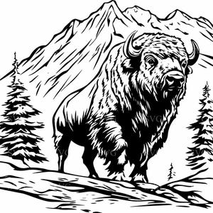 File di taglio SVG di 4 bisonti, silhouette di bufalo selvatico in una scena di foresta di montagna per Cricut, clipart di fauna selvatica selvaggia