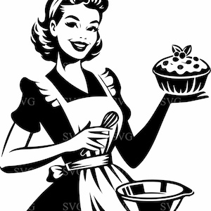 Può includere: Un'illustrazione in bianco e nero di una donna con un vestito e un grembiule, che tiene una torta e una ciotola per mescolare. Sorride e ha i capelli raccolti in uno stile vintage.