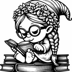 May include: Black and white illustration of a gnome reading a book while sitting on a stack of books. The gnome wears round glasses, a floral crown, and has a long braid. The image is a line drawing style.