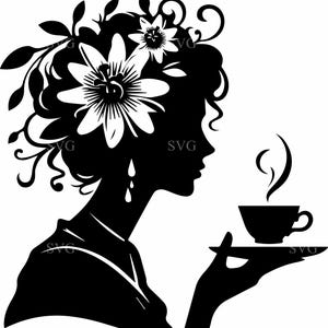 May include: A black and white silhouette of a woman with flowers in her hair, holding a teacup on a saucer. The woman's profile is visible, with steam rising from the cup. The image has a vintage, elegant feel.