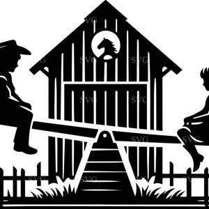 Archivo SVG de 5 cortes para niños de granja: vaquero y vaquera en balancín, silueta de granero rústico, diseño digital country western para Cricut