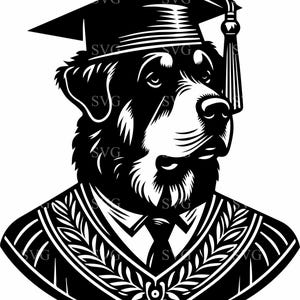 卒業犬 SVG 5 カット ファイル、帽子とガウンを着た威厳のあるラブラドール、学術的なペットのシルエット、デジタル ダウンロード