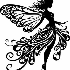 Elegante Fee SVG 4 Schnitt-Datei - Verwickelte geflügelte Silhouette, Florales Fantasy-Design, magische Vektor-Kunst