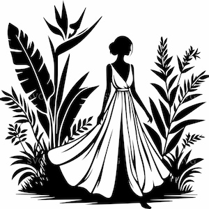 7 Silhouette de femme tropicale SVG, 7 robe élégante en feuilles de la jungle couper fichier, clipart féminin pour Cricut et travaux manuels laser